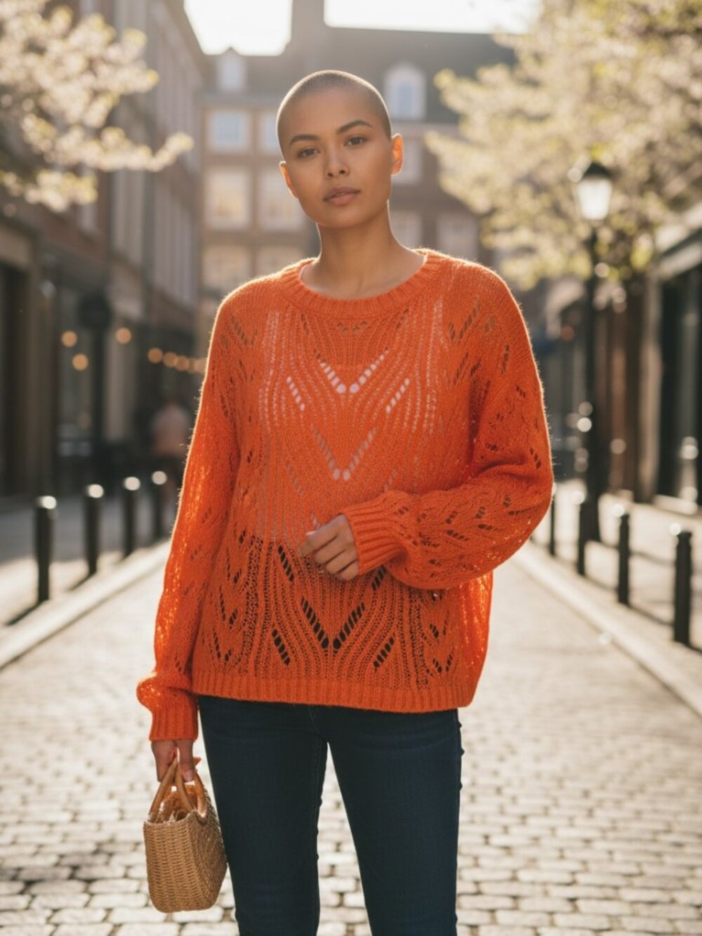 Maison Jules Open-Knit V-Neck Sweater in Orange